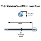 20G Stainless Steel Light Blue Gem Micro Nose Bone