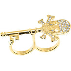 Gold Tone Crystalline Skull & Cross Bones Double Finger Ring