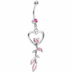 Pink Gem Heart Rose Flower Floral Belly Ring