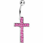 Pink Gem Paved Perfect Cross Belly Ring