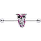 Pink and Clear Gem Paved Owl Industrial Barbell 37mm