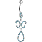 Aqua Gem Crystalline Fleur di Lis Teardrop Double Dangle Belly Ring