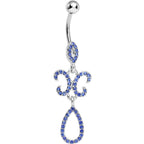 Sapphire Blue Gem Crystalline Fleur di Lis Teardrop Double Dangle Belly Ring
