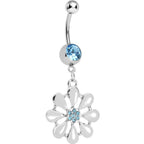 Aqua Gem Pretty White Petals Flower Charm Belly Ring