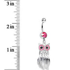 Clear Gem Pink Majestic Owl Leaves Dangle Belly Ring