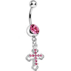 Pink Gem Hollow Cross Charm Double Dangle Belly Ring
