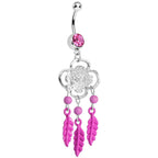 Pink Gem and Feathers Flowered Dreamcatcher Dangle Belly Ring