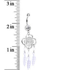 Clear Gem and White Feathers Flowered Dreamcatcher Dangle Belly Ring