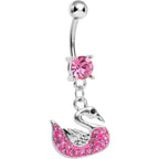Pink Gem Paved Pink Swan Dangle Belly Ring
