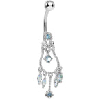 Aqua Gem Pear with Dainty Rose Flower Dangle Belly Ring
