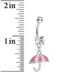 Crystalline Pink Gem Paved April Showers Umbrella Dangle Belly Ring