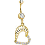 Gold Plated Clear Gem Hollow Heart Shell Dangle Belly Ring