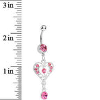 Pink Gem Drops of Love Heart Dangle Belly Ring