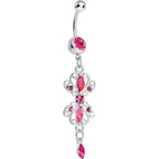 Pink Gem Twin Scrolls and Teardrops Dangle Belly Ring