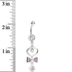 Clear CZ Drop Pink Gem Bow Half Paved Heart Dangle Belly Ring
