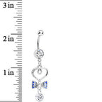 Clear CZ Drop Blue Gem Bow Half Paved Heart Dangle Belly Ring