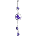 Purple Cubic Zirconia Drops Encircled Butterfly Dangle Belly Ring
