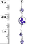Purple Cubic Zirconia Drops Encircled Butterfly Dangle Belly Ring