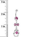 Pink CZ Drop in a Drop and Sparkling Bow Dangle Belly Ring
