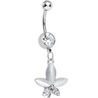 Clear Gem Blooming White Pearly Flower Dangle Belly Ring
