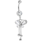 Clear Gem Silver Beads White Pearly Butterfly Dangle Belly Ring