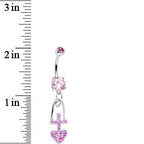 Pink Gem Glitter Cross and Heart Dangle Belly Ring