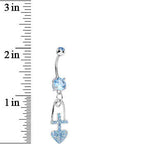 Aqua Gem Glitter Cross and Heart Dangle Belly Ring