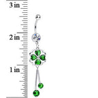 Clear CZ Green Four Heart Clover Dangle Belly Ring