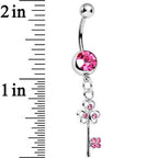 Pink Gem Unlock Your Luck Clover Heart Key Dangle Belly Ring