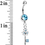 Aqua Gem Unlock Your Luck Clover Heart Key Dangle Belly Ring