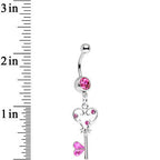 Pink Gem Fancy Curlicue Heart Key Dangle Belly Ring