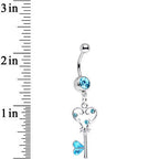 Aqua Gem Fancy Curlicue Heart Key Dangle Belly Ring