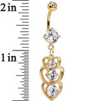 Clear Cubic Zirconia Gold Plated Three Heart Dangle Belly Ring