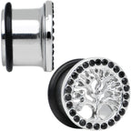 9/16 Black Gem Stainless Steel Single Flare Tree of Life Plug Set