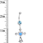 Aqua Gem Blue Imitation Opal Cross Heart Dangle Belly Ring