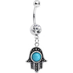 Clear Gem Aqua Orb Hamsa Hand Dangle Belly Ring