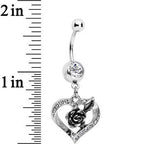 Clear Gem Tattoo Rose Flower in a Hollow Heart Dangle Belly Ring