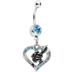 Aqua Gem Tattoo Rose Flower in a Hollow Heart Dangle Belly Ring