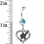 Aqua Gem Tattoo Rose Flower in a Hollow Heart Dangle Belly Ring