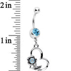 Aqua Gem Hollow Heart Flower Dangle Belly Ring