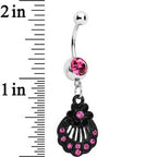 Pink Czech Stone Black Floral Seashell Dangle Belly Ring
