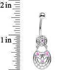 Pink CZ Gem Circular Woven Pattern Dangle Belly Ring