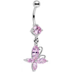 Light Pink Gem Butterfly Prong Set Dangle Belly Ring