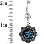 Clear Gem Lotus Flower Blue Ohm Belly Ring Created with Crystals