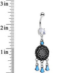 Clear Gem and Faux Turquoise Leafy Lotus Flower Disk Dangle Belly Ring