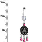 Clear Gem and Pink Faux Turquoise Leafy Lotus Flower Disk Dangle Belly Ring