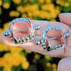 14G 1 1/8 Steel Dripping Red Vampire Fangs Barbell Nipple Shield Set