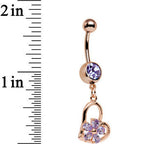 Purple CZ Gem Rose Gold Plated Orchid Hollow Heart Dangle Belly Ring
