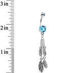 Clear Brilliant Blue CZ Gems Fluttering Feathers Dangle Belly Ring