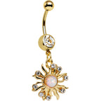 Clear Gem White Faux Opal Gold Anodized Sunburst Dangle Belly Ring